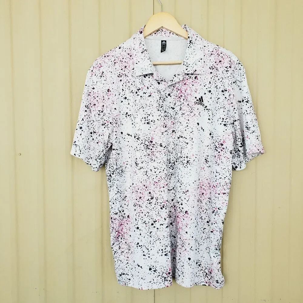 Adidas Golf Polo Men’s L Pink Coral Fusion Paint Splatter AOP Performance Shirt